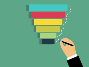 Hand drawing a multistage sales funnel diagram representing lead progression from awareness to conversion